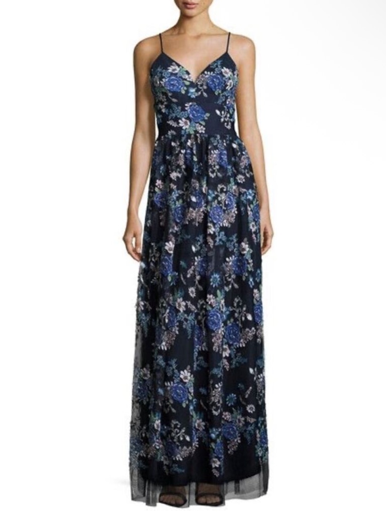 Nicole Miller Floral Applique V Neck Dress Navy Blue Size 8